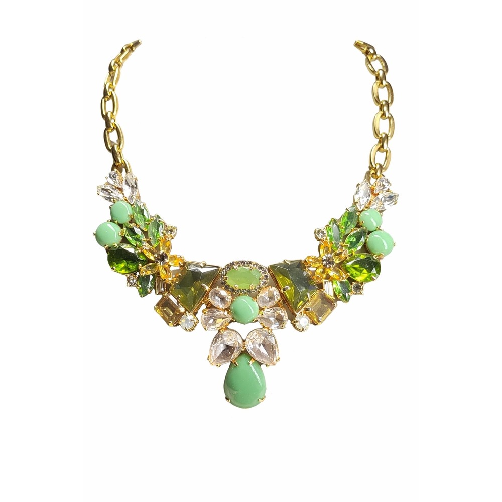 J.Crew Green Crystal Statement Bib Necklace Gold Tone Mixed Stone Floral Design - Picture 2 of 3